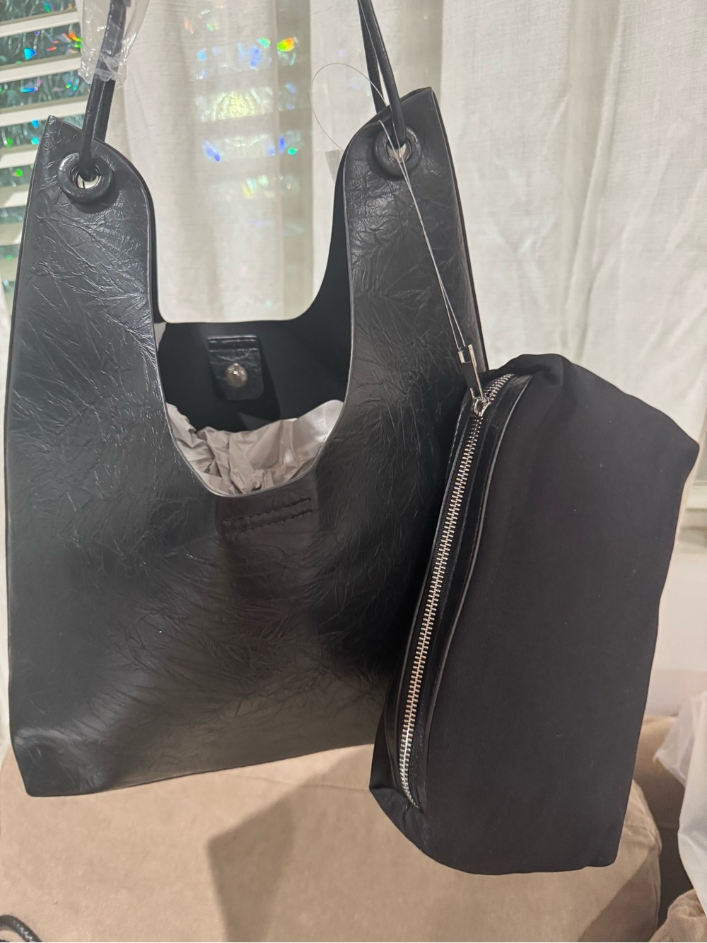 Black Faux Leather Tote with Removable Zip Pouch